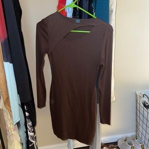 Brown Long Sleeve Cutout Bodycon Dress
